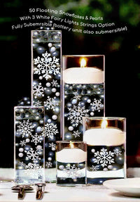 50 Floating White Snowflakes & Pearls-Plus Transparent Water Gels That Fills 1 Gallon for Your Vases- Option: 3 Submersible LED Fairy Lights Strings with Hidable & Submersible Batteries