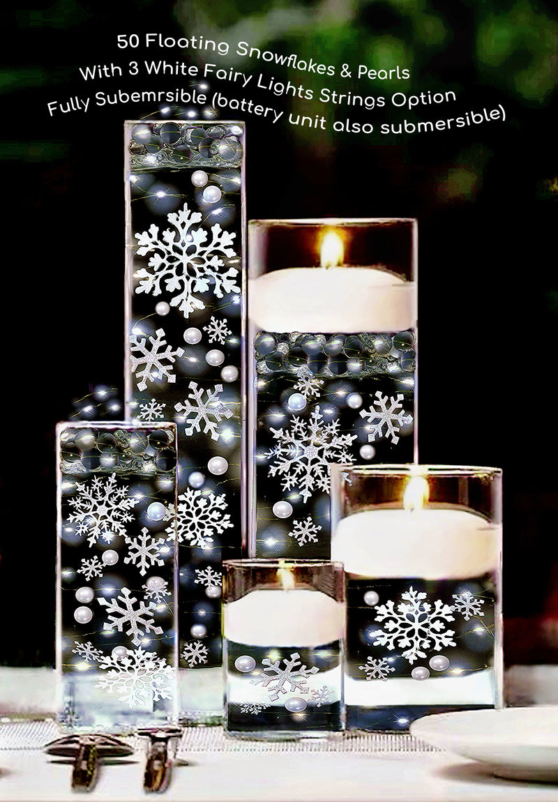 50 Floating White Snowflakes & Pearls-Plus Transparent Water Gels That Fills 1 Gallon for Your Vases- Option: 3 Submersible LED Fairy Lights Strings with Hidable & Submersible Batteries