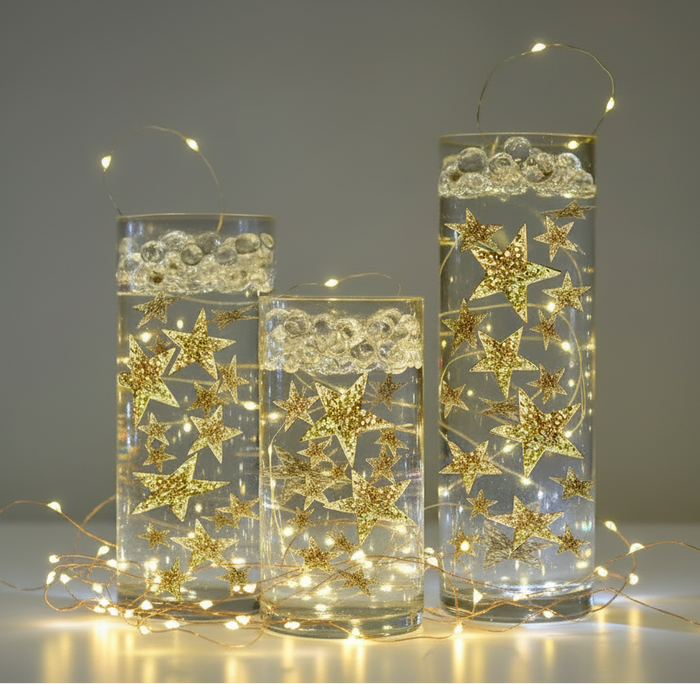 50 Floating Gold Stars- Sparkling- Large Sizes- Fills 1 Gallon of the Transparent Floating Gels for Your Vases- With Pre-Measured Prep Bags- Option of 3 Submersible LED Fairy Lights Strings with Hidable and Submersible Battery