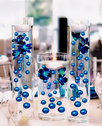 75 Floating Royal Blue (Navy) Pearls Large Sizes- Option of 3 Submersible Fairy Lights Strings Hidable Submersible Batteries- 1 Gallon of Transparent Water Gels for Vases