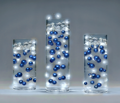 75 Floating Royal Blue (Navy) Pearls Large Sizes- Option of 3 Submersible Fairy Lights Strings Hidable Submersible Batteries- 1 Gallon of Transparent Water Gels for Vases