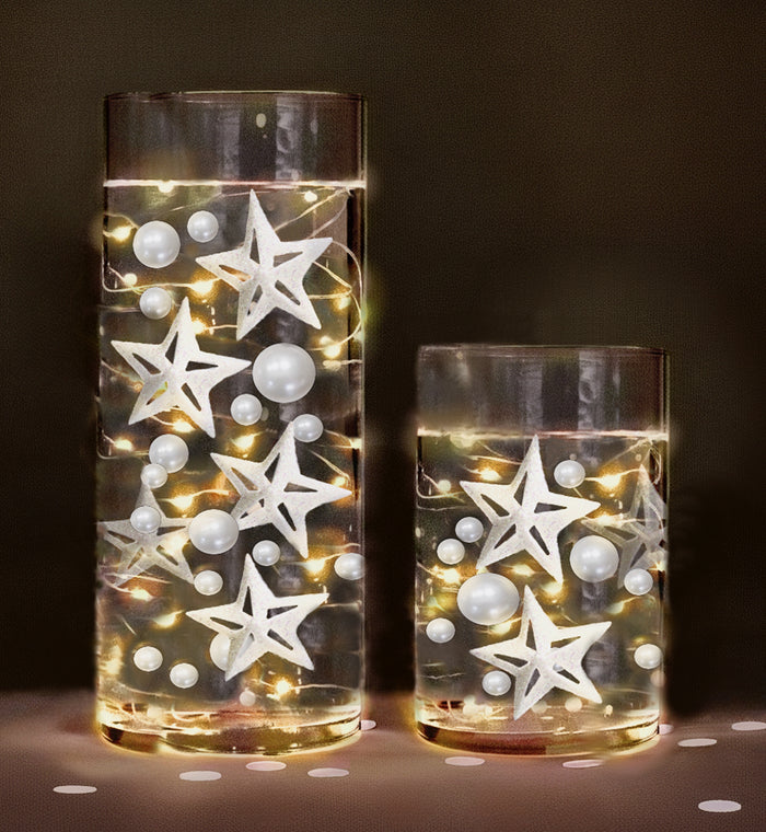 40pc Floating White Stars Pearls- Option of 3 Submersible LED Fairy Lights Strings with Hidable & Submersible Battery- Fills 1 Gallon of Transparent Gels for the Floating Effect