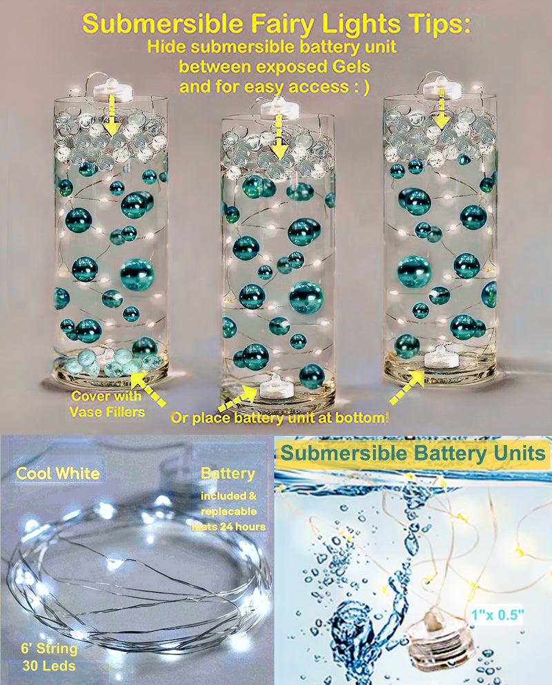 50 Floating White & Aqua Blue Snowflakes & Pearls-Plus Transparent Water Gels That Fills 1 Gallon for Your Vases- Option: 3 Submersible LED Fairy Lights Strings with Hidable & Submersible Batteries