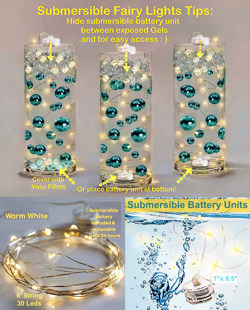 50 Floating White & Aqua Blue Snowflakes & Pearls-Plus Transparent Water Gels That Fills 1 Gallon for Your Vases- Option: 3 Submersible LED Fairy Lights Strings with Hidable & Submersible Batteries