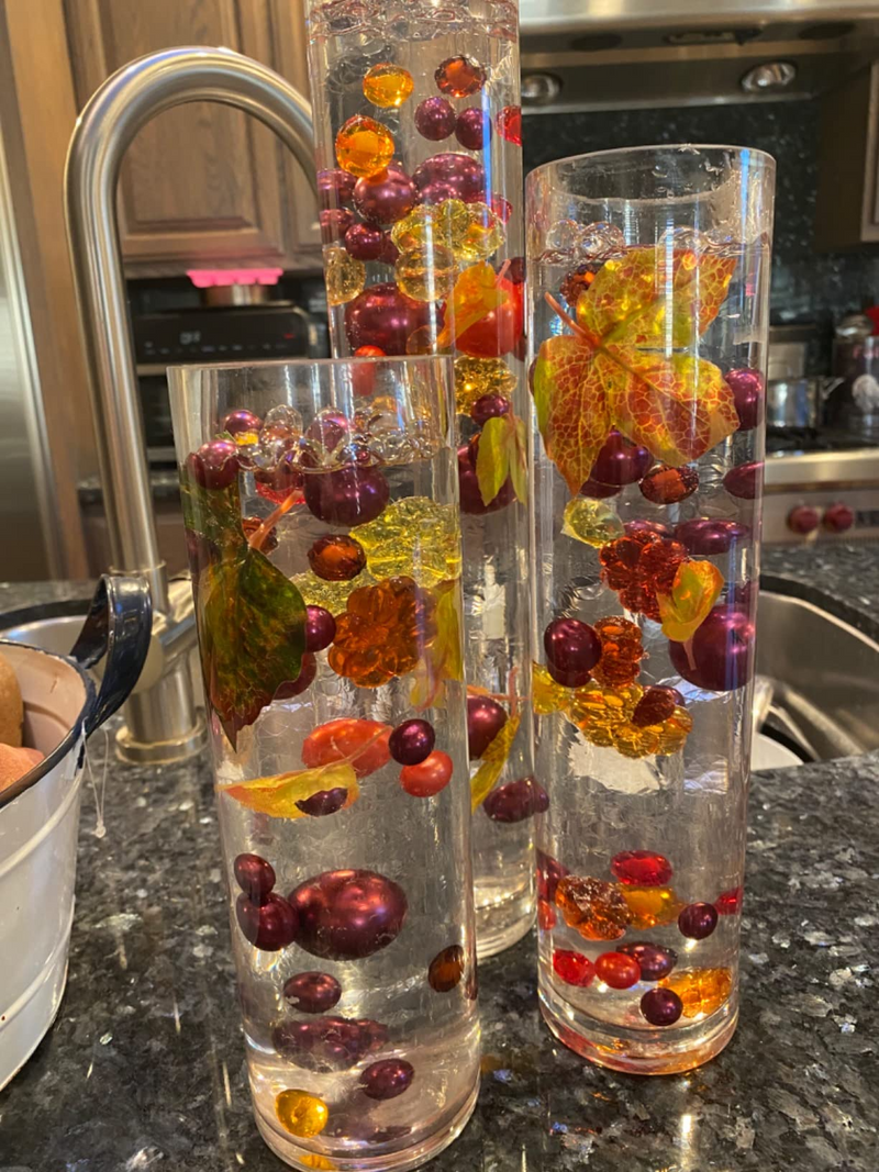 50 Fall Thanksgiving Floating Glowing Pumpkins, Leaves, and Pearls- Fills 1 Gallon of the Floating Transparent Gels for Your Vases- Option to Add 3 Submersible Fairy Lights Strings