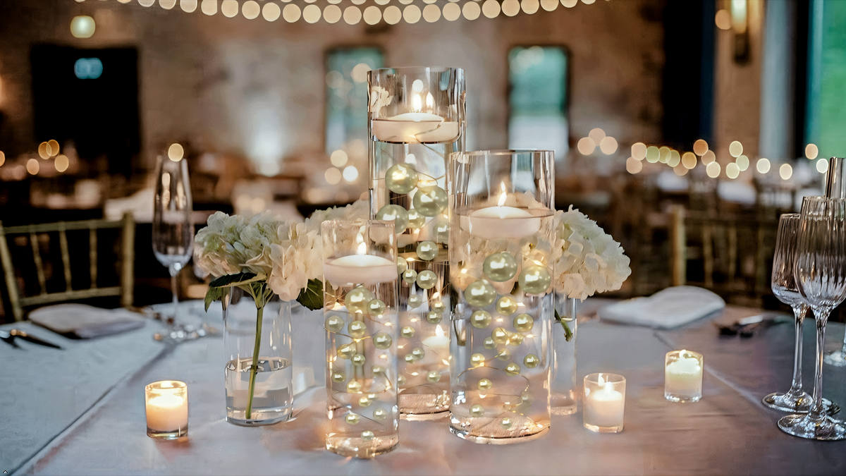 100 Floating Ivory Pearls with Sparkling Ivory Gems- Large Sizes- Option of 6 Submersible Fairy Lights Strings Hidable Submersible Batteries- 2 Gallons of Transparent Water Gels for Vases